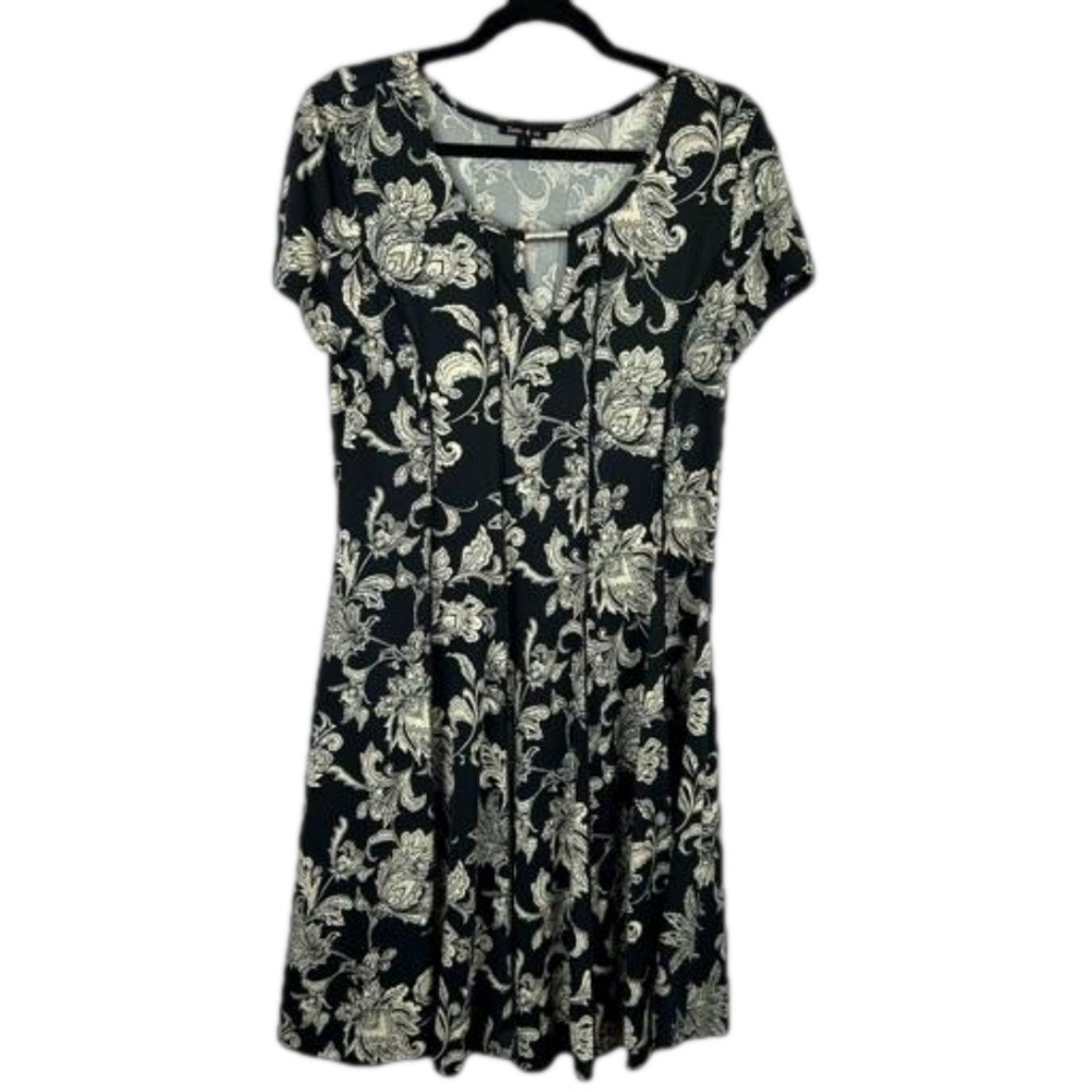 Sami & Jo Floral Short Sleeve Pleated Fit & Flare Dress Large Black